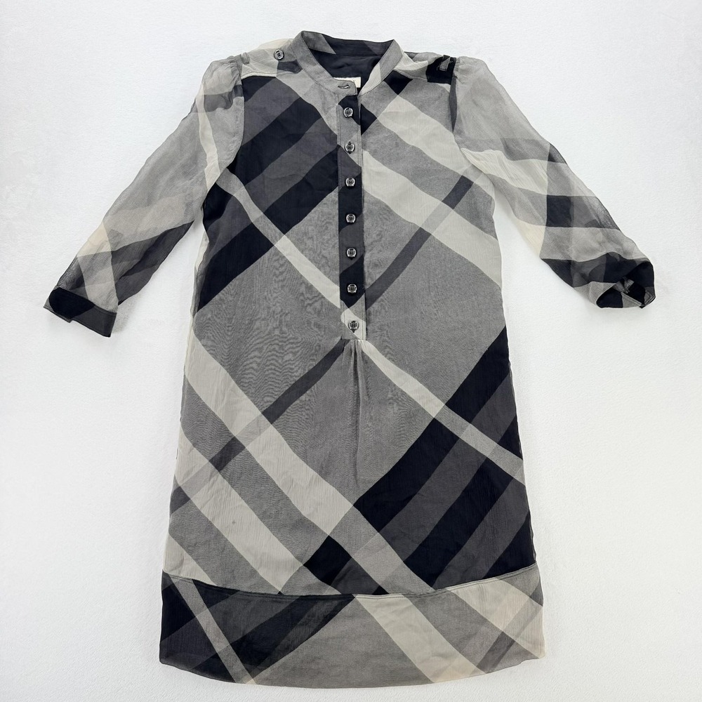 Burberry London Shirt Dress Womens 6 Gray Plaid Sheer Chiffon Button Front